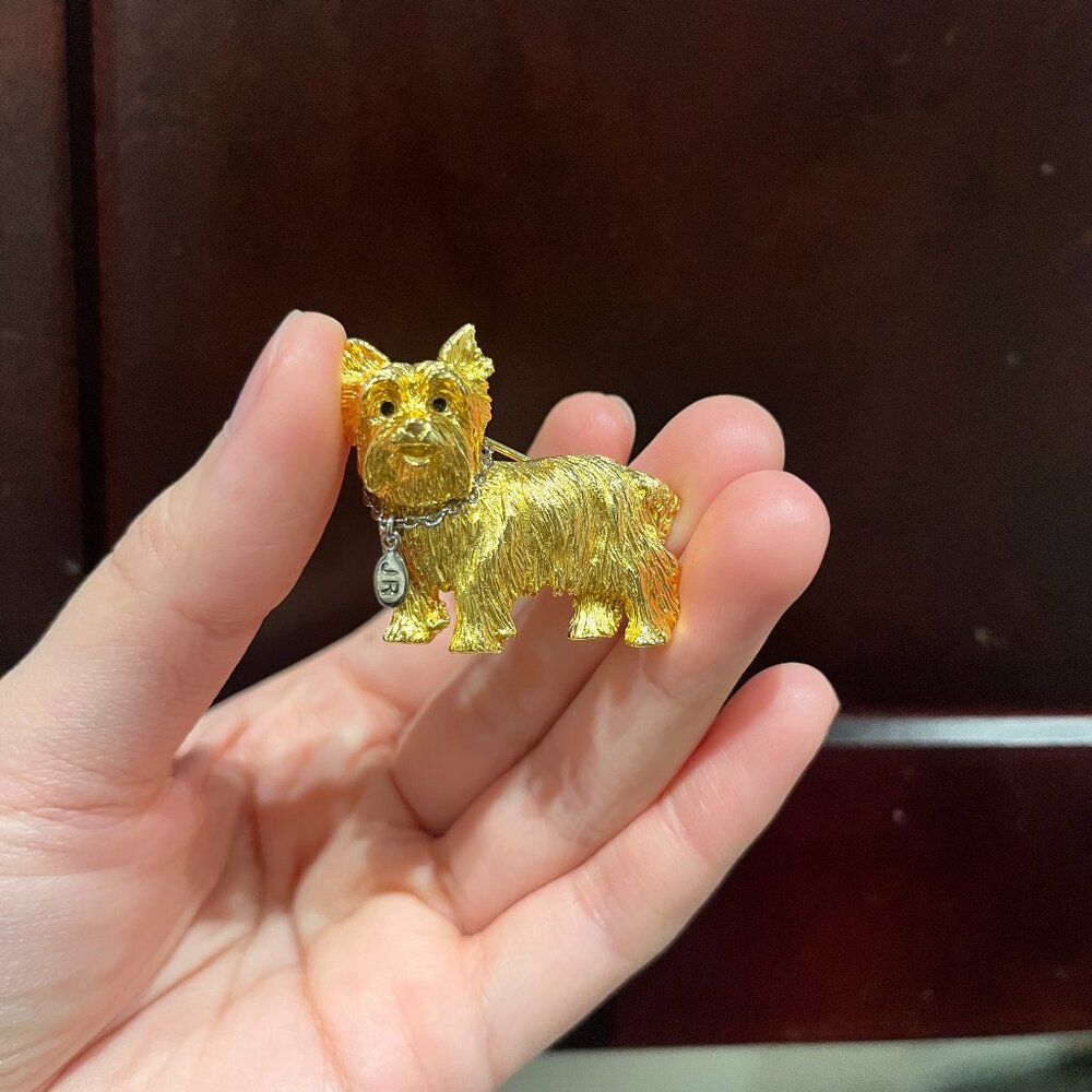 Vtg Joan Rivers Yorkie Terrier Dog JR Tag Collar Brooch Pin Gold Tone Cute!!!!!